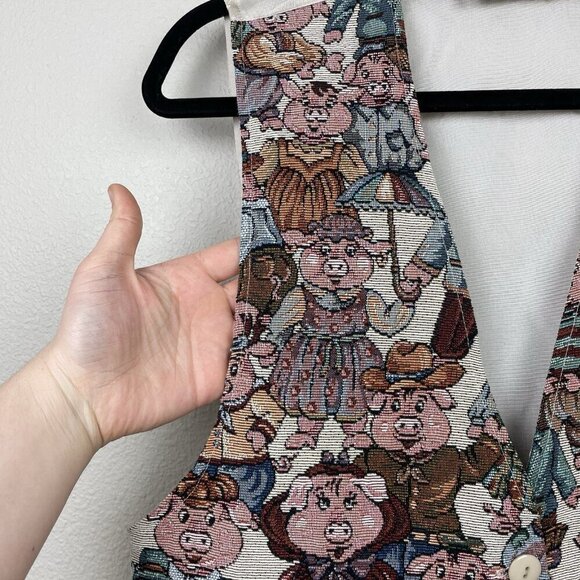 Vtg Facets By Mirrors Men's Medium Pig Print Tapestry Vest Quirky Piggy Button - Picture 4 of 16